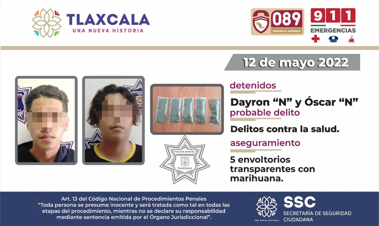 Detienen en Apizaco a dos personas por posesión de enervantes